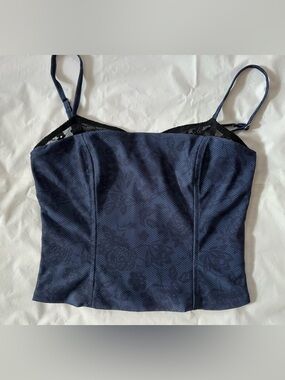 Edikted Navy Floral Jacquard Cami with Black Lace